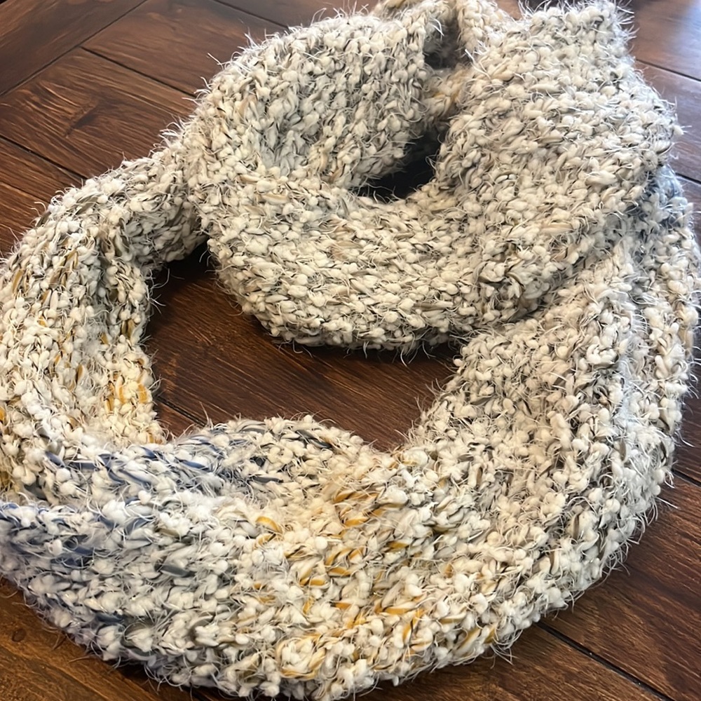 Sonoma Knit Fuzzy and Soft White w/ Colorful Striped Under Layer Infinity Scarf